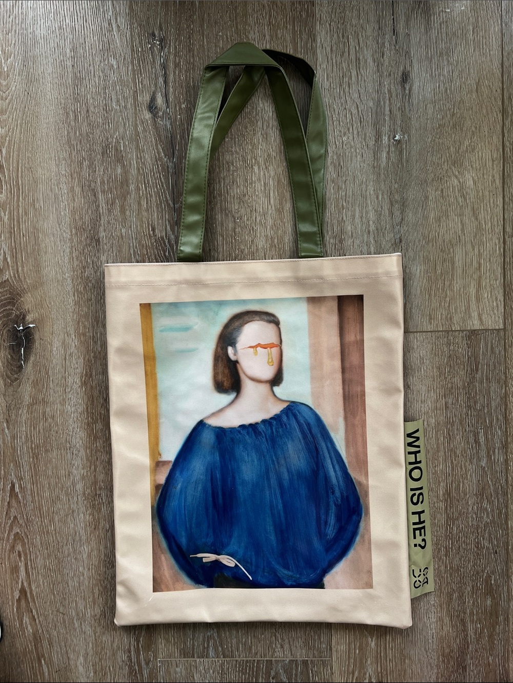 Canvas Portrait Tote Bag with Olive Handles - Beige/Blue